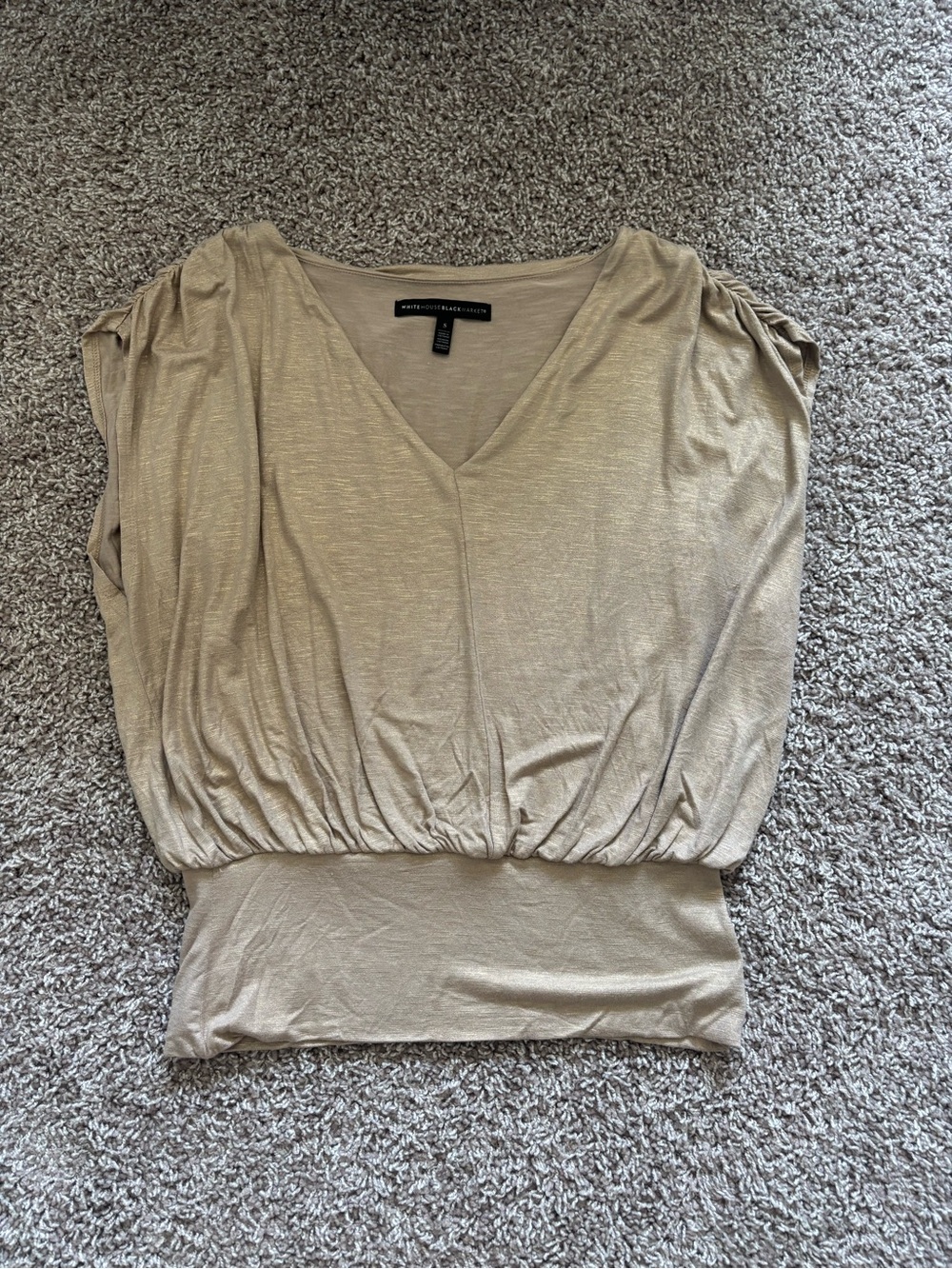 White House Black Market Metallic Taupe V-Neck Blouson Top